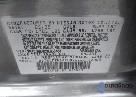 2025 Nissan Versa 1.6 Sv from USA, damaged, VIN 3N1CN8EV2SL858483